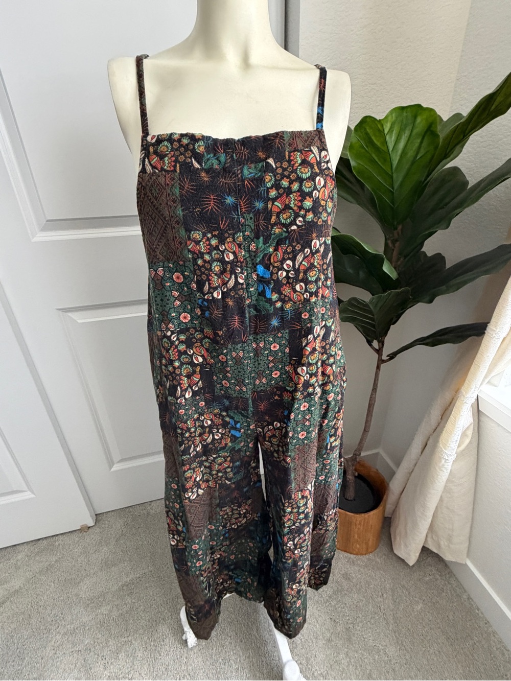 100% Cotton Boho Patchwork Wide Leg Overalls - Floral Geometric Print Small